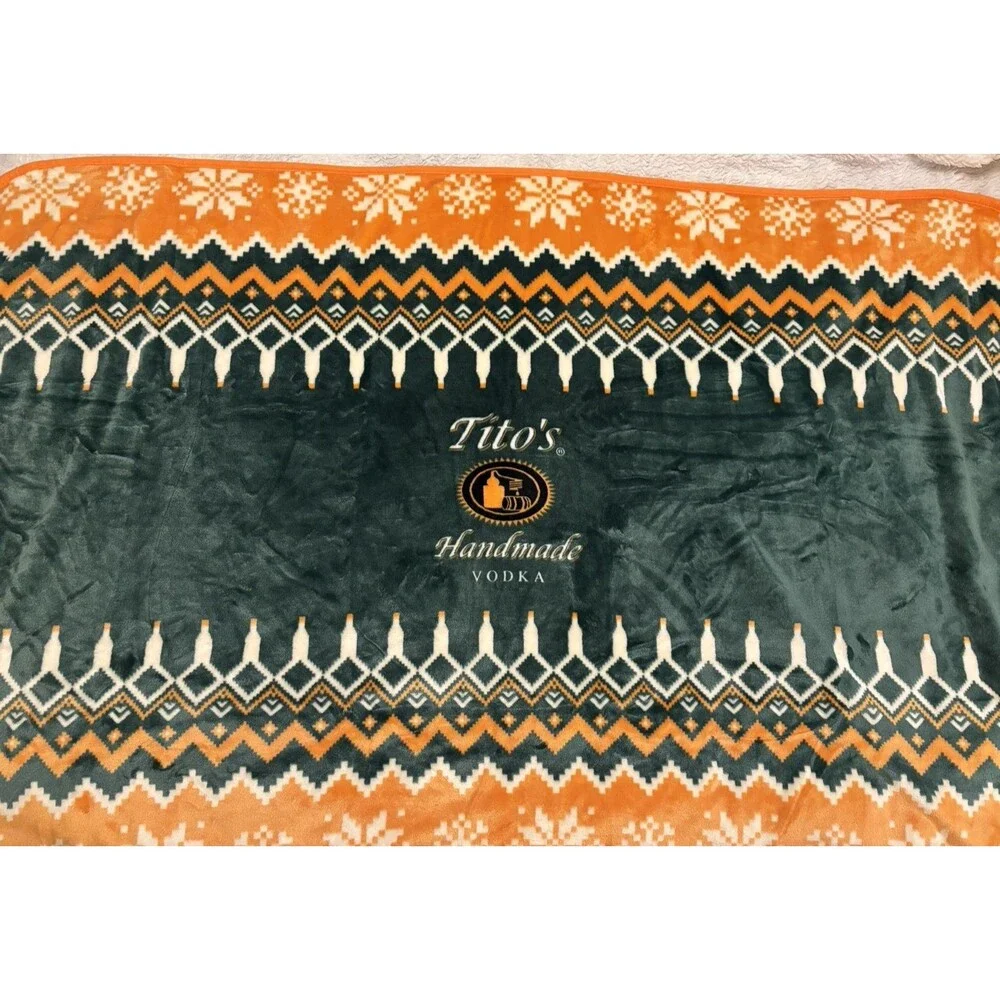Tito’s Holiday 38” X 60” Blanket Throw Tito’s Handmade Vodka Green & Orange, EUC